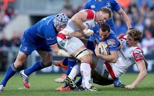 Dave Kearney supported by Shane Jennings is tackled by Andrew Trimble and Roger Wilson 2/5/2014