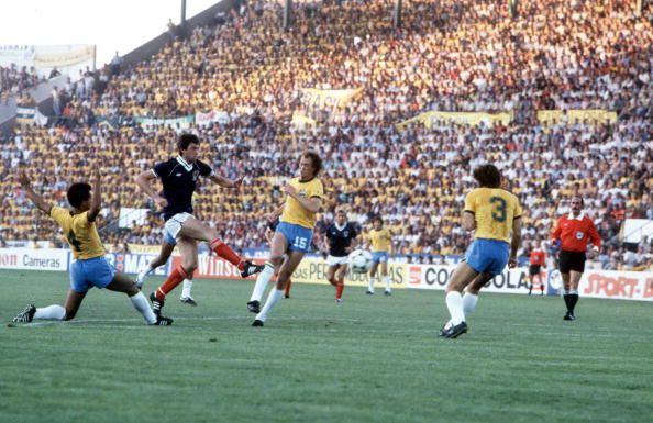 1982 World Cup Finals. Seville, Spain. 18th June, 1982. Brazil 4 v Scotland 1. Scotland's David Narey scores to give Scotland a shock lead.
