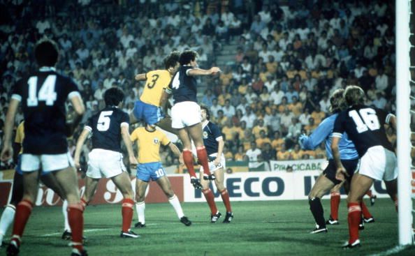 1982 World Cup Finals. Seville, Spain. 18th June, 1982. Brazil 4 v Scotland 1. Brazil's Oscar scores the second goal with a header