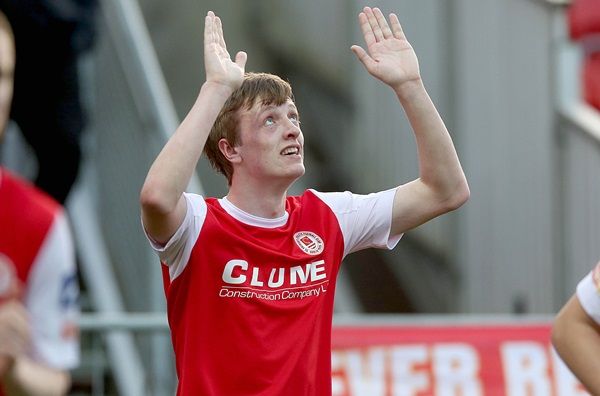 Chris Forrester celebrates scoring the first goal of the game 4/4/2014