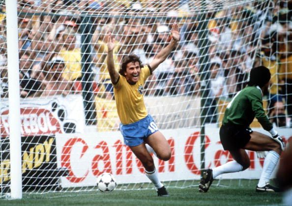 1982 World Cup Finals. Second Phase. Barcelona, Spain. 2nd July, 1982. Brazil 3 v Argentina 1. Brazil's Zico (10) celebrates scoring his side's first goal past Argentina's goalkeeper Ubaldo Fillol