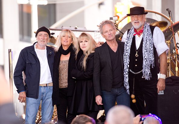 NEW YORK, NY - OCTOBER 09:  (L-R)  John McVie, Christine McVie, Stevie Nicks, Lindsey Buckingham and Mick Fleetwood of Fleetwood Mac pose on stage on NBC's 
