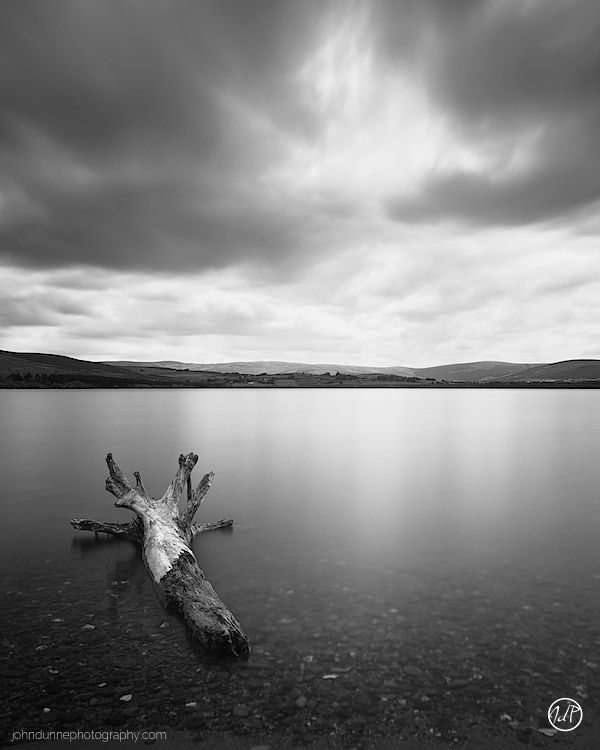 The ruined remains of a tree trunk floats upon Blessington lake as a threatening skies swoops in overhead.