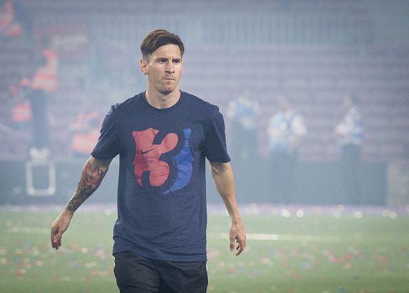 BARCELONA, SPAIN - JUNE 7:  Barcelona's Leo Messi attends the celebrations held for their victory over Juventus, one day after the UEFA Champions League final football, at the Camp Nou stadium in Barcelona on June 7, 2015. (Photo by Albert Llop/Anadolu Agency/Getty Images)