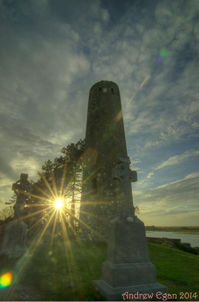 Sunset behind ORourkes Tower at Clonmacnoise