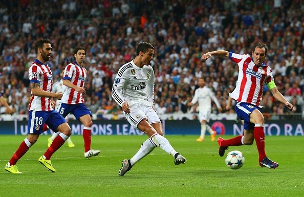 during the UEFA Champions League quarter-final second leg match between Real Madrid CF and Club Atletico de Madrid at Bernabeu on April 22, 2015 in Madrid, Spain.