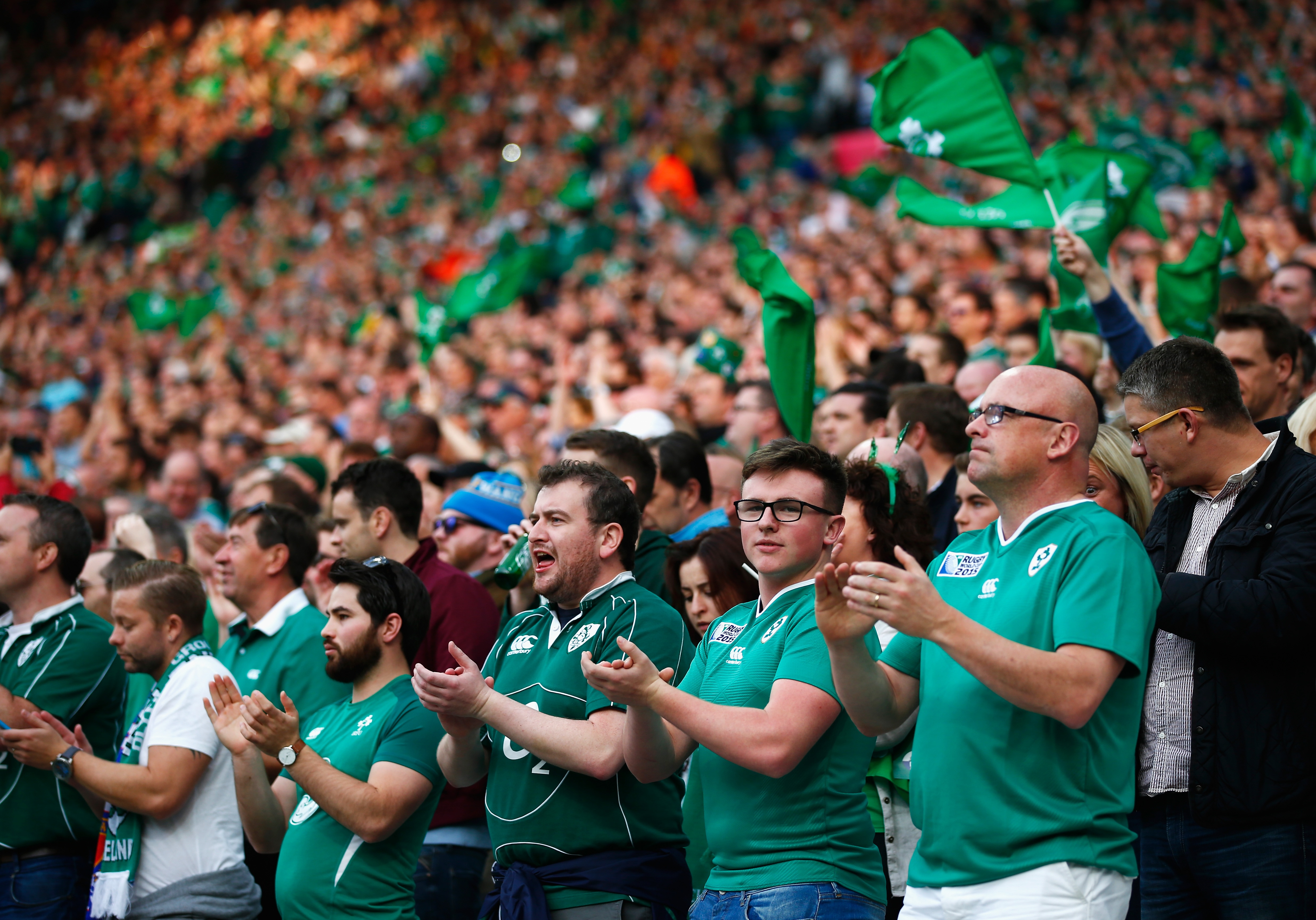 LONDON, ENGLAND - OCTOBER 04: Ireland supporters cheer prior to the 2015 Rugby World Cup Pool D match between Ireland and Italy at the Olympic Stadium on October 4, 2015 in London, United Kingdom. (Photo by Shaun Botterill/Getty Images)