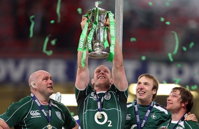 RBS Six Nations 21/3/2009 Ireland Paul O'Connell lifts the trophy with John Hayes, Stephen Ferris and Jerry Flannery celebrating winning the RBS Six Nations grand slam Mandatory Credit ©INPHO/Dan Sheridan *** Local Caption ***