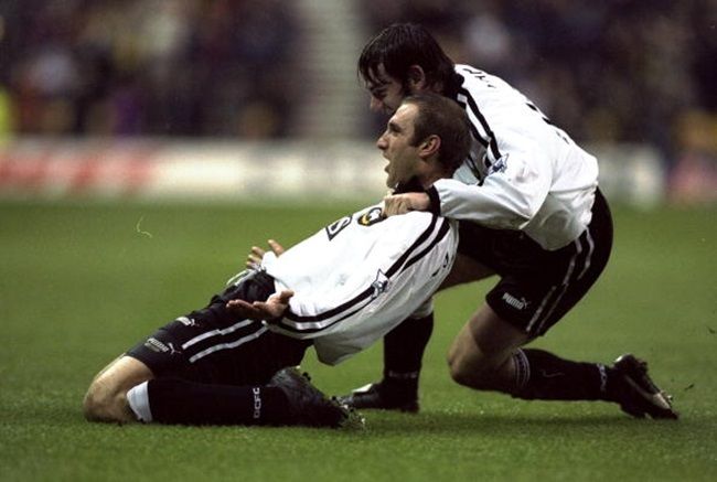 12 Dec 1998: Horacio Carbonari of Derby County celebrates his goal eith team mate Rory Delap during the FA Carling Premiership match against Chelsea at Pride Park in Derby, England. The game ended 2-2. Mandatory Credit: Ben Radford /Allsport
