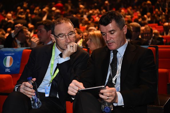 PARIS, FRANCE - DECEMBER 12: Martin O'Neill (L) Manager and Roy Keane (R) assistant manager of Republic of Ireland are seen during the UEFA Euro 2016 Final Draw Ceremony at Palais des Congres on December 12, 2015 in Paris, France. (Photo by Laurence Griffiths/Getty Images)