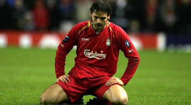 LIVERPOOL, UNITED KINGDOM - MARCH 08: Fernando Morientes of Liverpool looks dejectedly at the turf during the last 16 2nd leg UEFA Champions League match between Liverpool and Benfica at Anfield on March 8, 2006 in Liverpool, England. (Photo by Alex Livesey/Getty Images)