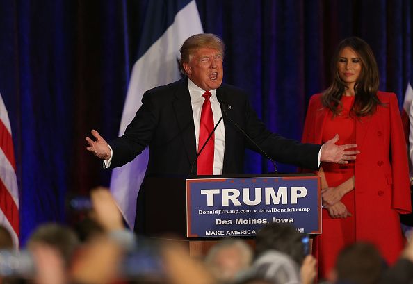 DES MOINES, IA - FEBRUARY 01: Republican presidential candidate Donald Trump stands with his wife Melania Trump as he concedes defeat in the Iowa Caucus during his President Caucus Watch Party at the Sheraton Hotel on February 1, 2016 in Des Moines, Iowa. Trump was finishing second in late polling to U.S. Sen. Ted Cruz (R-TX) and just ahead of Sen. Marco Rubio (R-FL). (Photo by Joe Raedle/Getty Images)