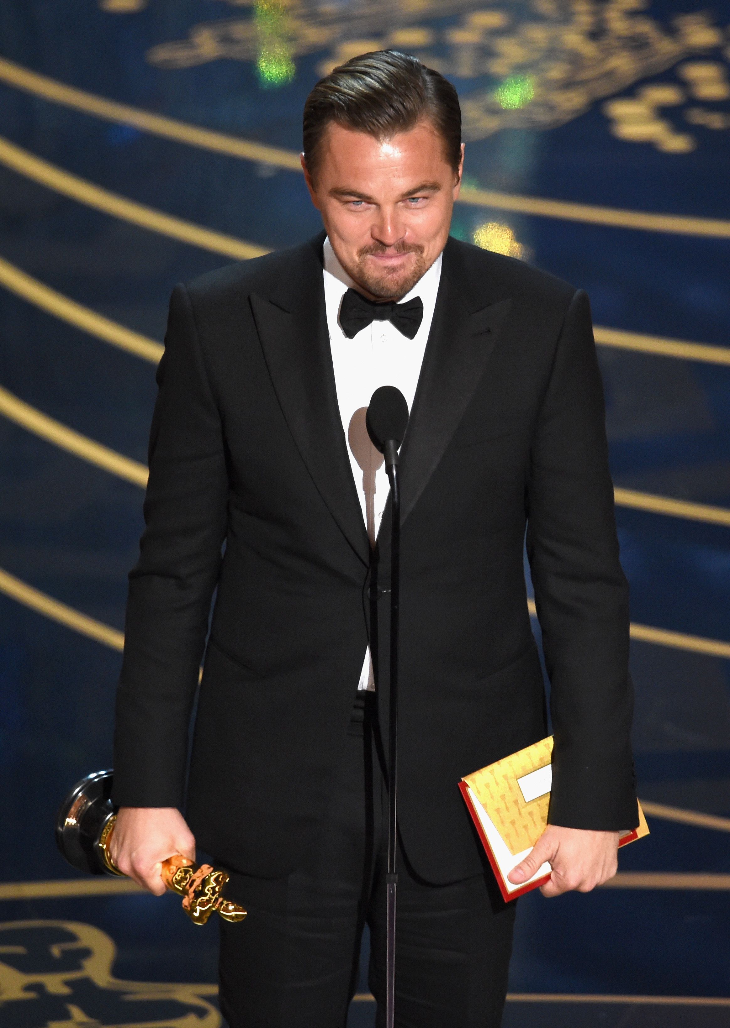HOLLYWOOD, CA - FEBRUARY 28: Actor Leonardo DiCaprio accepts the Best Actor award for 'The Revenant' onstage during the 88th Annual Academy Awards at the Dolby Theatre on February 28, 2016 in Hollywood, California. (Photo by Kevin Winter/Getty Images)