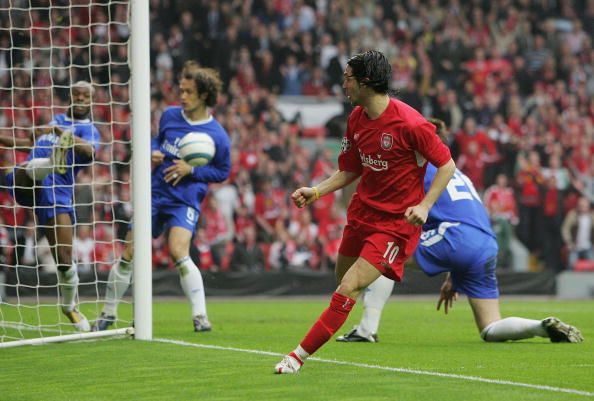 LIVERPOOL, ENGLAND - MAY 03: Luis Garcia of Liverpool scores the opening goal during the UEFA Champions League semi-final second leg match between Liverpool and Chelsea at Anfield on May 3, 2005 in Liverpool, England. (Photo by Laurence Griffiths/Getty Images)