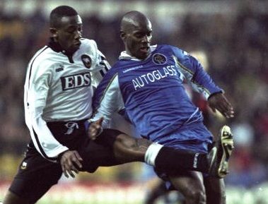 12 Dec 1998: Paulo Wanchope of Derby County flies in to challenge Bernard Lambourde of Chelsea during the FA Carling Premiership match at Pride Park in Derby, England. The game ended 2-2. Mandatory Credit: Ben Radford /Allsport