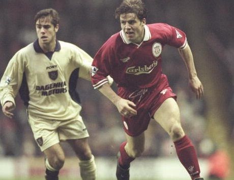 11 Jan 1997: Hugo Porfirio of West Ham (left) and Stig Inge Bjornebye of Liverpool (right) in action during the premier league game at Anfield. The game ended 0-0. Mandatory credit: Mark Thompson/Allsport