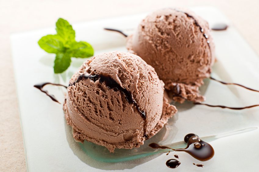Fresh Chocolate ice cream on a plate close up