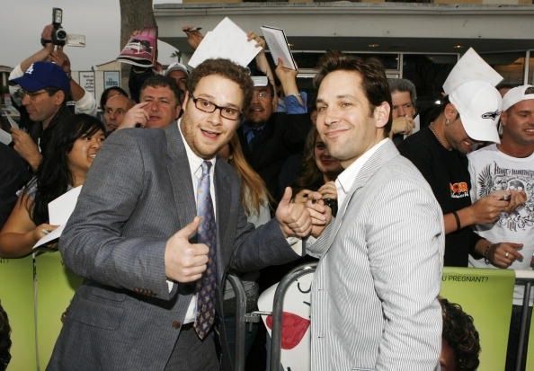 LOS ANGELES - MAY 21: Actor/executive producer Seth Rogen (L) and actor Paul Rudd pose at the premiere of Universal Pictures' "Knocked Up" at the Mann's Village Theater on May 21, 2007 in Los Angeles, California. (Photo by Kevin Winter/Getty Images)
