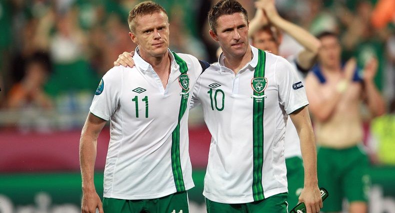 Damien Duff Retires From International Football 24/8/2012 EURO 2012 Group C, Municipal Stadium, Poznan, Poland 18/6/2012 Republic of Ireland vs Italy Ireland's Robbie Keane and Damien Duff at the end of the game Mandatory Credit ©INPHO/Donall Farmer