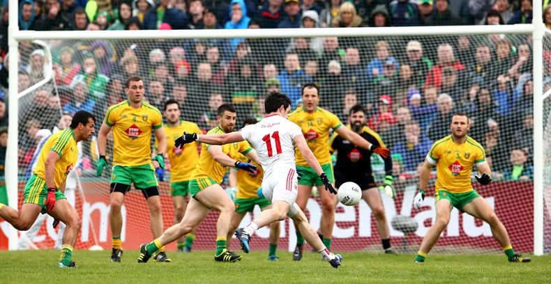 Ulster GAA Football Senior Championship Preliminary Round, Ballybofey, Donegal 17/5/2015 Donegal vs Tyrone Tyrone's Mattie Donnelly attempts a shot during the final moments of the match Mandatory Credit ©INPHO/Cathal Noonan