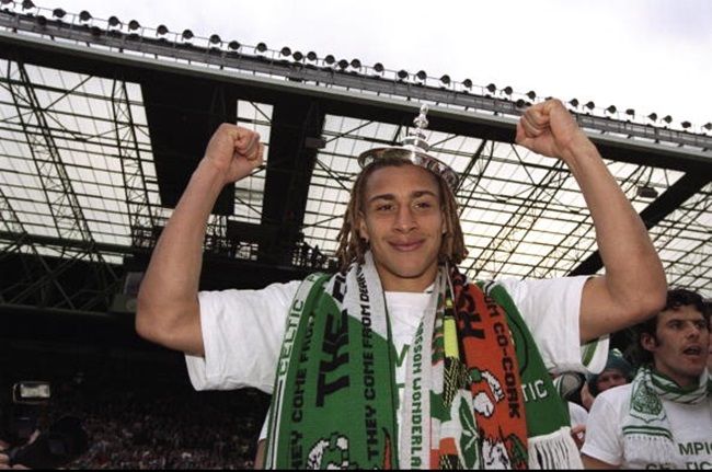 9 May 1998: Henrik Larsson of Celtic celebrates after a Scottish Premier League match against St Johnstone at Celtic Park in Glasgow, Scotland. Celtic won the match 2-0 to become the league champions. Mandatory Credit: Shaun Botterill/Allsport