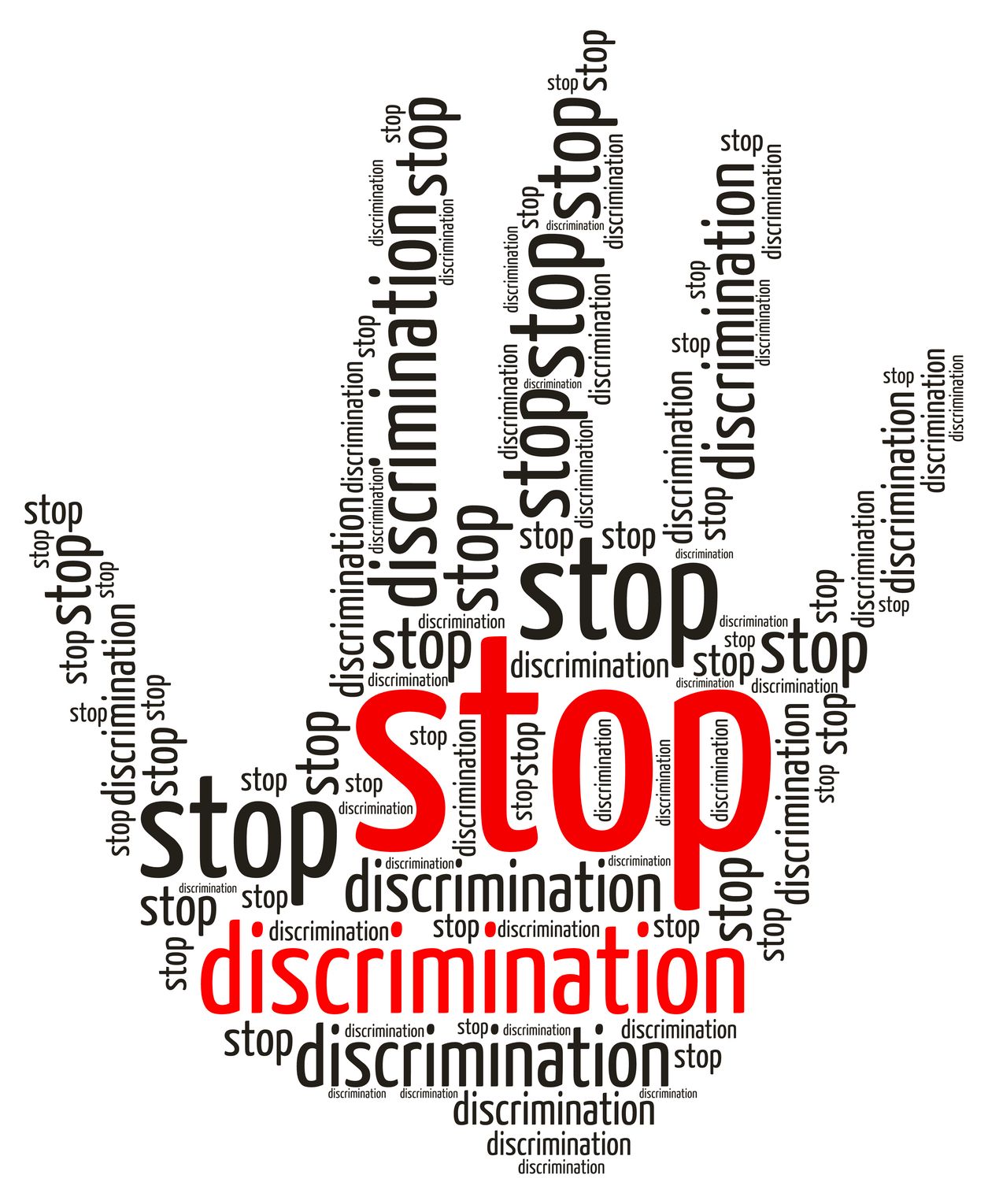 Stop Discrimination word cloud in the shape of a palm, isolated on white