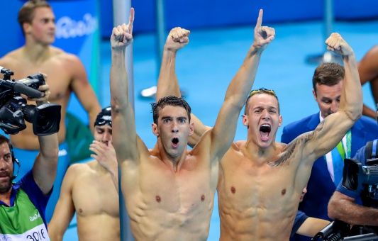 Rio 2016 Olympic Games Day 2, Rio de Janeiro, Brazil 7/8/2016 Men's 4 x 100m Freestyle Relay USA's Michael Phelps celebrates as after his team won the goal medal Mandatory Credit ©INPHO/James Crombie