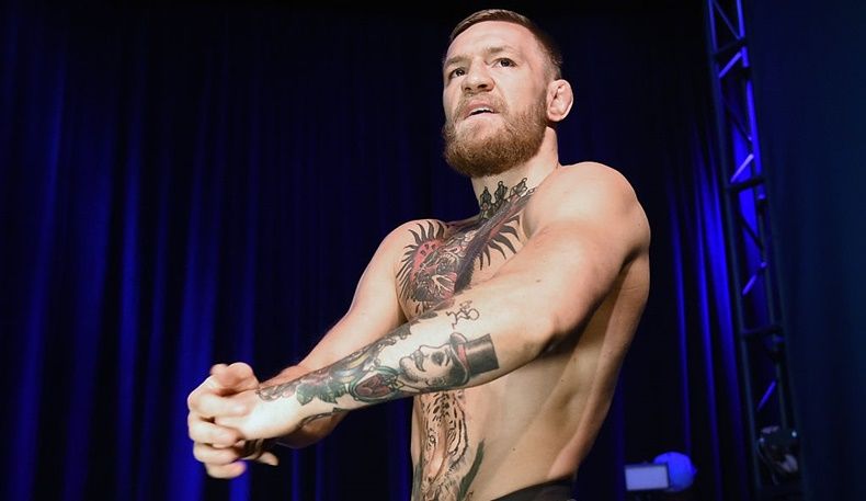 UFC featherweight champion Conor McGregor during an open workout for UFC 202 at Rocks Lounge at the Red Rock Casino on August 12, 2016 in Las Vegas, Nevada. McGregor is scheduled to fight Nate Diaz in a welterweight rematch at UFC 202 on August 20, 2016 in Las Vegas.