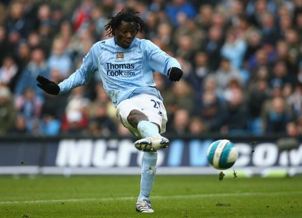 MANCHESTER, UNITED KINGDOM - APRIL 20: Mwaruwari Benjani of Manchester City scores his team's third goal during the Barclays Premier League match between Manchester City and Portsmouth at The City of Manchester Stadium on April 20, 2008 in Manchester, England. (Photo by Alex Livesey/Getty Images)