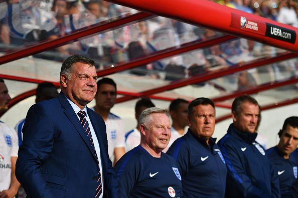 TRNAVA, SLOVAKIA - SEPTEMBER 04: (L-R) Sam Allardyce manager of England, Sammy Lee assistant manager of England, Craig Shakespeare coach of England and Martyn Margetson goalkeeping coach of England look on prior to the 2018 FIFA World Cup Group F qualifying match between Slovakia and England at City Arena on September 4, 2016 in Trnava, Slovakia. (Photo by Dan Mullan/Getty Images)