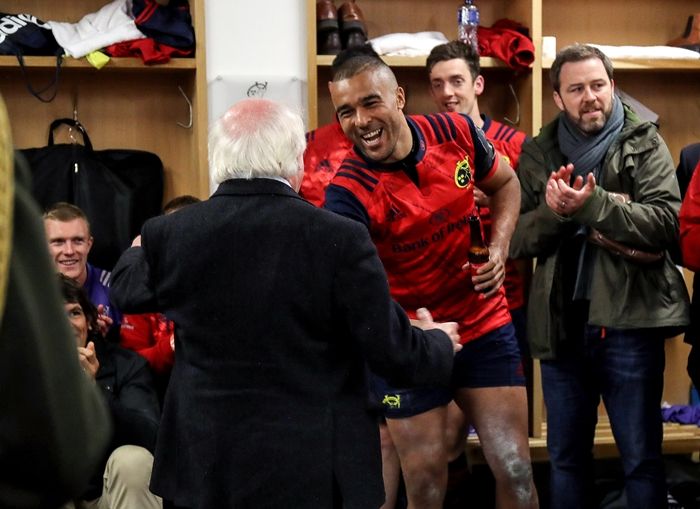 European Rugby Champions Cup Round 2, Thomond Park, Limerick 22/10/2016 Munster vs Glasgow Warriors Munster's Simon Zebo with President Michael D. Higgins after the game Mandatory Credit ©INPHO/Dan Sheridan