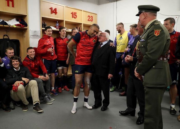 European Rugby Champions Cup Round 2, Thomond Park, Limerick 22/10/2016 Munster vs Glasgow Warriors Munster's Simon Zebo with President Michael D. Higgins after the game Mandatory Credit ©INPHO/Dan Sheridan