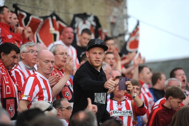 UEFA Europa League First Qualifying Round 2nd Leg 10/7/2014 Aberystwyth Town vs Derry City Former Derry City player James McClean with fans Mandatory Credit ©INPHO/Huw Evans