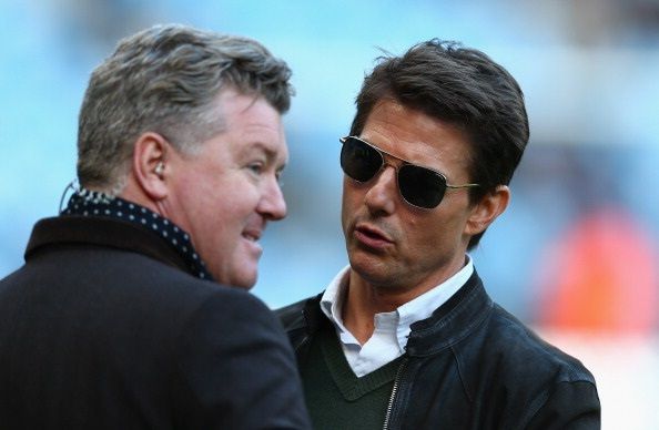MANCHESTER, ENGLAND - DECEMBER 09: Actor Tom Cruise (R) chats to Sky Reporter Geoff Shreeves prior to the Barclays Premier League match between Manchester City and Manchester United at the Etihad Stadium on December 9, 2012 in Manchester, England. (Photo by Clive Mason/Getty Images)