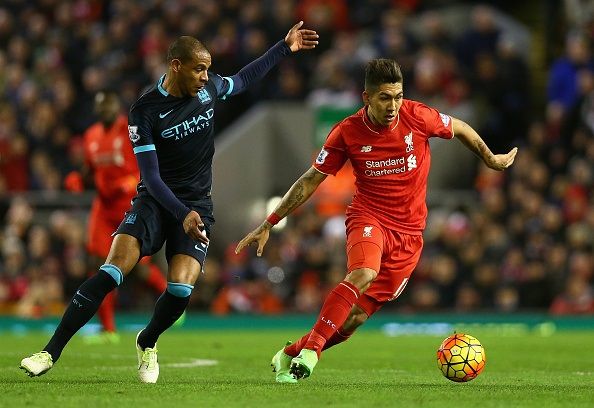 of Liverpool in action with of Manchester City during the Barclays Premier League match between Liverpool and Manchester City at Anfield on March 2, 2016 in Liverpool, England.
